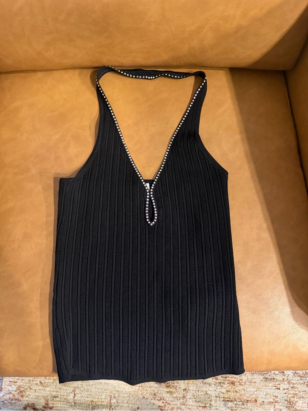 Sleeveless Black Ribbed Knit Tank Top with Crystal Trim